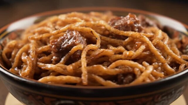 Close-up of Traditional Central Asian Laghman Noodles Served in a Decorative Bowl, Coated in a Rich, Savory Meat and Vegetable Sauce