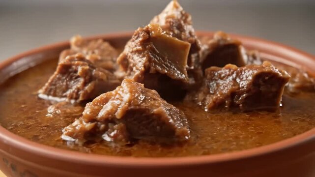 Rich and Hearty Beef Stew or Goulash. Macro shot of tender braised meat chunks submerged in savory brown sauce served in a rustic terracotta bowl, focusing on comfort food cuisine.
