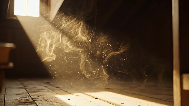 Sunbeam illuminates swirling dust motes and ethereal wisps in a rustic wooden attic space