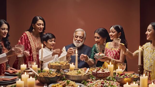 Indian Family Celebrating Together Around a Festive Dinner Table.