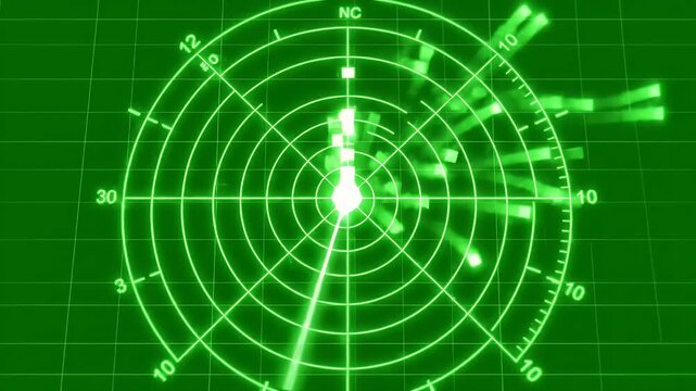 A bright green radar screen displays a grid with concentric circles and targets