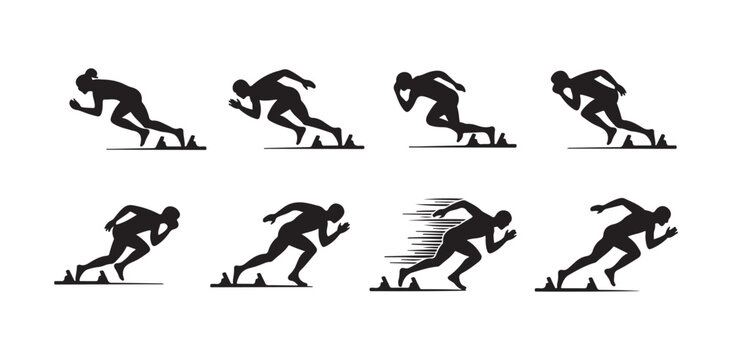 Sprinter in starting position silhouette runner on blocks ready for race athletics icon set
