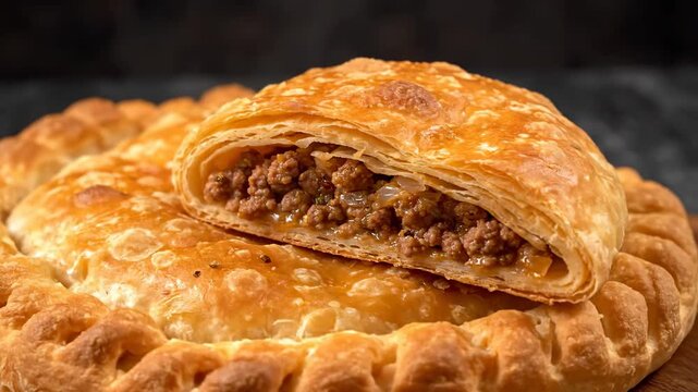 Close-up of Large Golden Baked Savory Pie or Strudel, Cut Open to Display the Rich Ground Beef and Onion Filling. Traditional Meat Pastry Bread Food Shot.