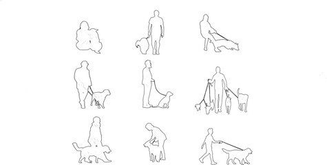 Minimalist line art depicting people and dogs in various poses