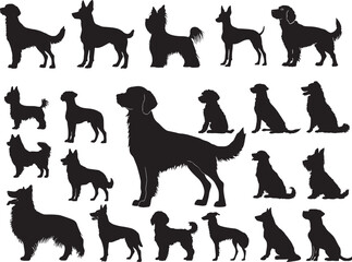 Collection of black silhouette dog breeds in various poses and sizes