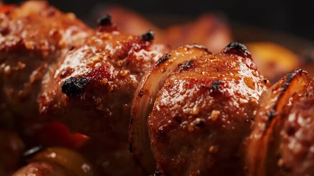Extreme close-up of juicy, caramelized shish kebab (shashlik) on skewers, glistening with marinade and spices, ready for grilling or serving.
