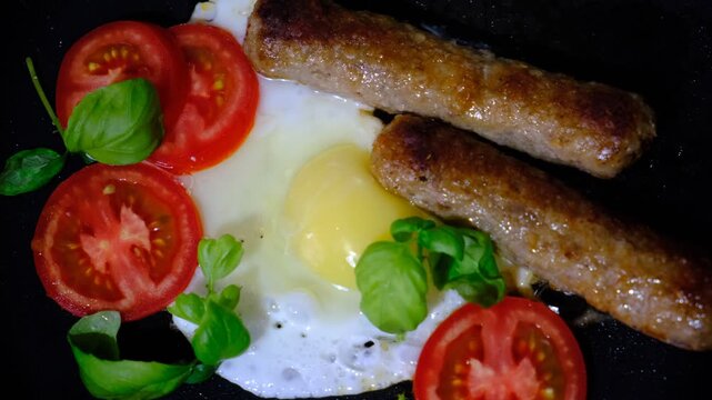 Delicious traditional  breakfast with fried eggs, tomatoes, basil, kebabs , chevanchichi