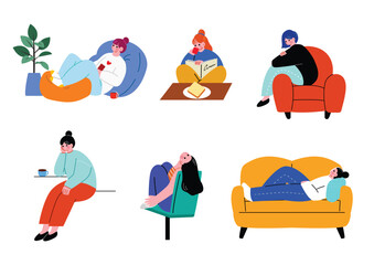 部屋でくつろぐ女性のイラストセット