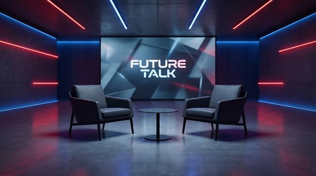 Modern studio setup with chairs and screen for future talk event from topdown view