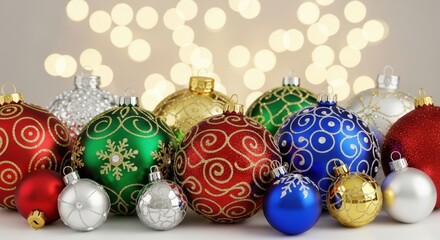 Festive Christmas Ornaments with Bokeh Lights Background.