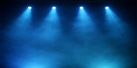 A bright blue stage spotlight creates an illuminated glow across the dark theater scene, casting a vibrant ray of light to shine during a night concert or disco party show © Alpha Designs
