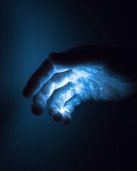 Obraz premium A minimalist symbolic image representing digital addiction and technology influence through a child’s hand reaching for light in darkness.