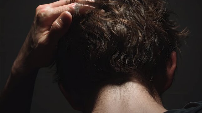 A man with his hand on the back of his head, showcasing stress and anxiety in a dimly lit environment from a rear viewpoint
