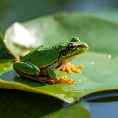 Obraz premium Vibrant green frog sits on a large, glossy lily pad, partially submerged in dark water, enjoying sunlight