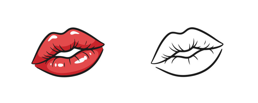 Red cartoon lips and black outline sketch in pop art style on white background for stickers fashion prints or beauty design elements isolated high quality illustration