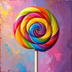 Vibrant, swirling lollipop painting against a colorful, textured background. Impasto strokes create depth