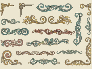 Collection of ornate decorative scrollwork and corner elements in vintage style. © Jepry