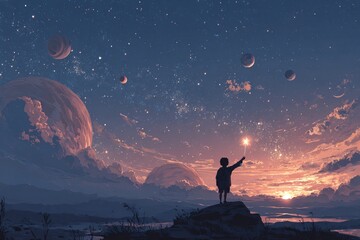 Obraz premium A young boy holding a star amidst glowing planets in a magical night sky digital art illustration