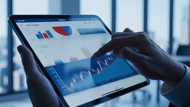 Professional hand scrolling through colorful pie charts and bar graphs on a tablet screen.