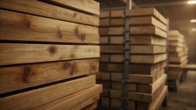3D cinematic animation of industrial wooden timber panels arranged in a factory or workshop