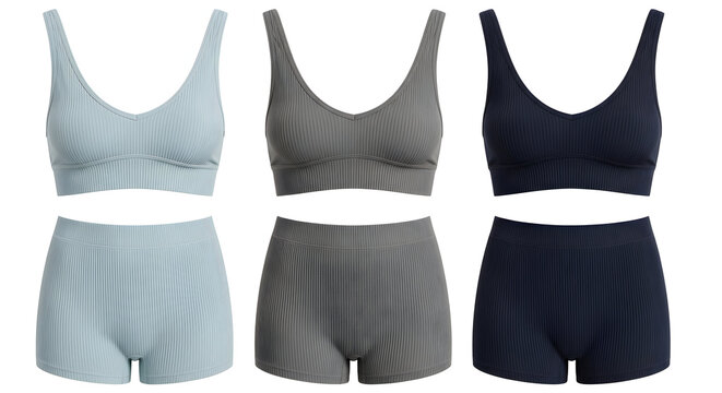 Collection of Ribbed Sports Bra and Shorts Sets in Blue, Grey, and Navy Activewear on White Background