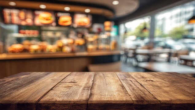 Empty wooden table in a blurred, bright fast-food restaurant interior