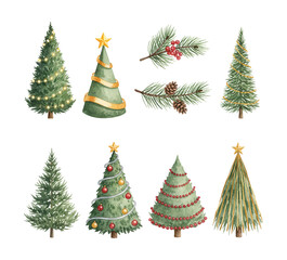 Fototapeta premium Watercolor Christmas Trees Collection with Pine Branches Berries and Cones Festive Holiday Season