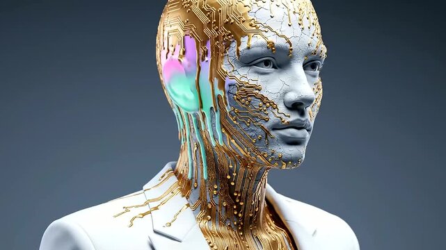 AI Workforce Integration beautifully illustrates the profound evolution of human-machine synergy, as intricate golden circuitry flows across a cracked humanoid figure display.