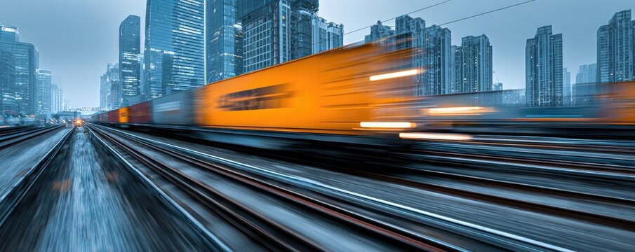 A blur of motion as a freight train speeds through a city at twilight