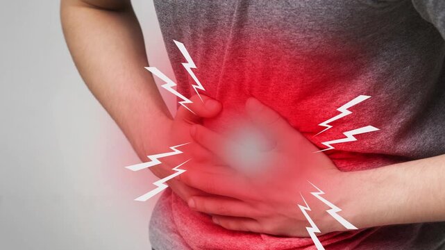 Stomach Pains or stomachache with a painful digestive system ache as an abdominal illness. Healthcare, medical or belly problems.