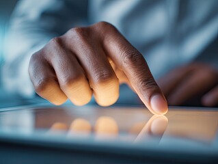Finger pressing illuminated screen of a digital tablet