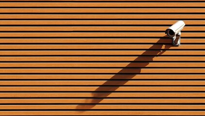 Security camera mounted on a slatted orange wall casting a long shadow