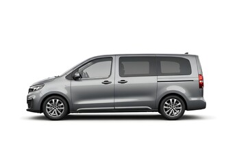 Gray Passenger Minivan Side View, Left Profile, Family Travel Vehicle on Isolated transparent background