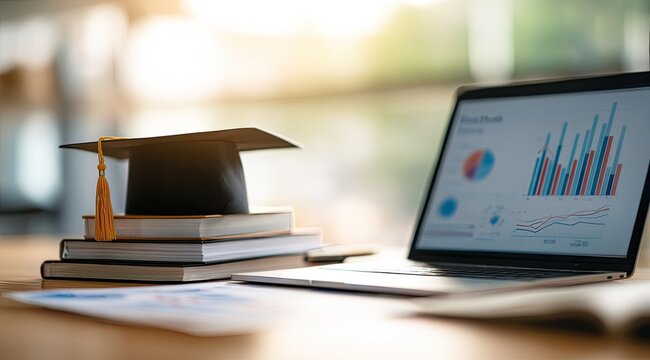 Graduation cap atop books beside laptop displaying charts and graphs