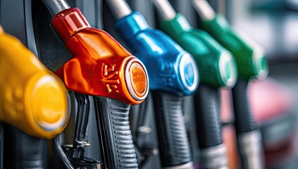 Colorful gas nozzles in a row at a fueling station