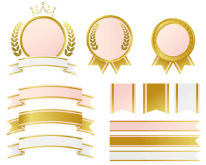 An illustration material set featuring medals and ribbons based on pale pink and gold. / 薄いピンク色と金色をベースにしたメダルとリボンのイラスト素材セット。