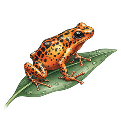 Obraz premium Vibrant orange and black spotted poison dart frog sitting calmly on a wet green leaf detailed illustration
