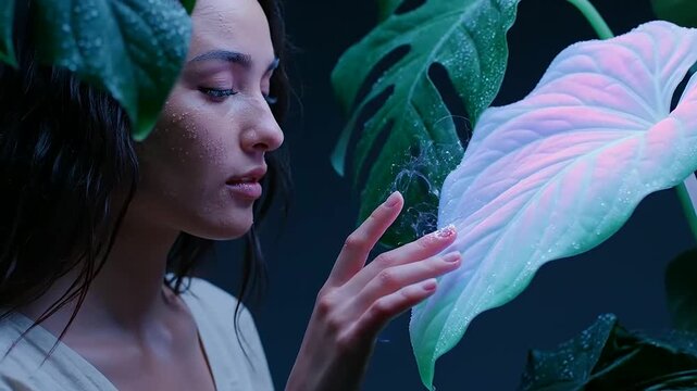 Reflecting AI workforce integration's gentle impact, a serene woman thoughtfully engages with a dewy, glowing plant, its ethereal luminescence representing technology's delicate balance with nature.