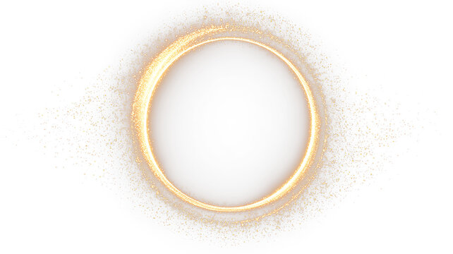 Luminous particle ring in metallic deep gold tones with transparent background showcasing bright emerald and neon effects