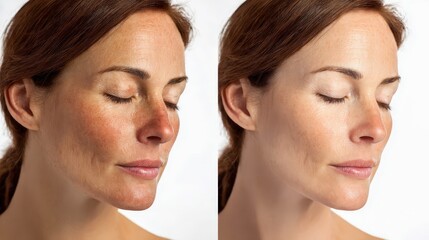 Fototapeta premium Before and After: A striking comparison of skin before and after enhancement, highlighting the transformative effects of skincare or cosmetic procedures.