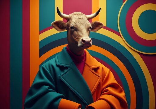 apper Anthropomorphic Cow Portrait in Vibrant Color Block Fashion Coat
