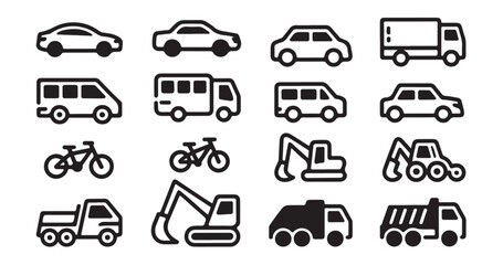 Outline vector icons of diverse vehicles including cars, trucks, buses, and construction machinery © VANU