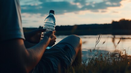 Hydration at Dusk, Refreshing Water Break by the Lake at Sunset
