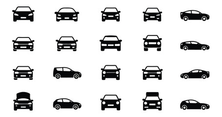 Front and side view car icons, different models and styles, modern automotive design © VANU
