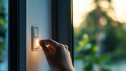 Close-up of a Hand Adjusting a Smart Home Dimmer Switch Near a Window