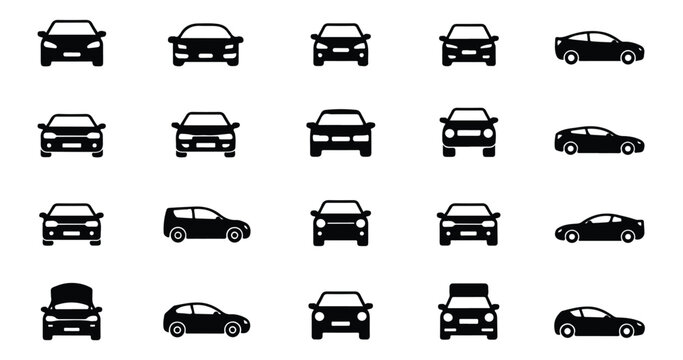 Front and side view car icons, different models and styles, modern automotive design