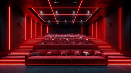 Luxurious Red Home Cinema Interior with Comfortable Seating and Neon Lights