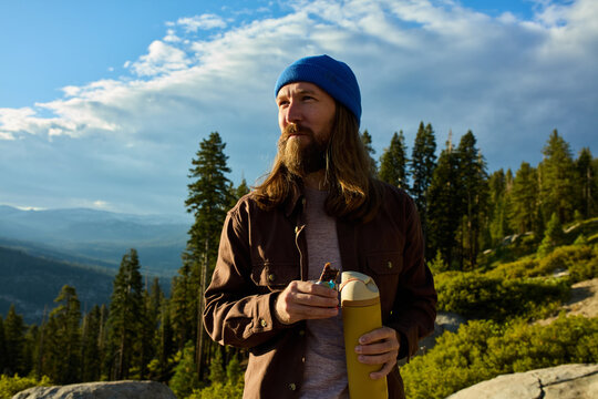Hiker have a snack in nature