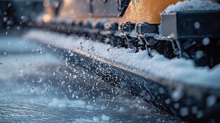 Close up of snowplow blade clearing the icy road in winter season