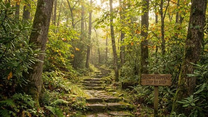 A moss-covered stone pathway winding through a lush, sun-dappled forest with a sign encouraging growth